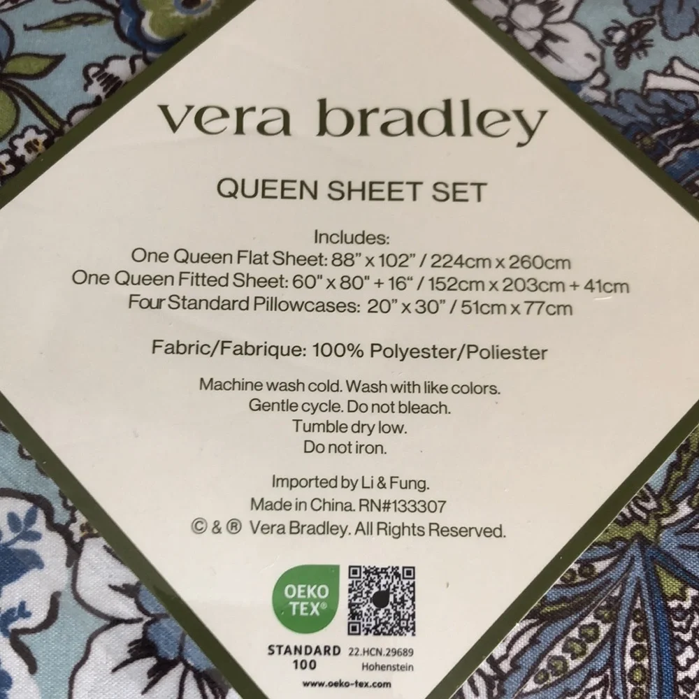 Vera Bradley Blue Floral Queen Sheet Set